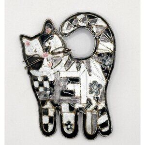 Vintage 1990s Gita Maria Cloisonné Enamel Kitty Cat Quilt Silver Brooch Pin FLAW